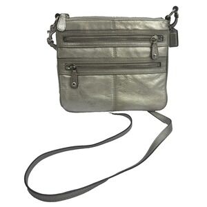 Coach Zippy Metallic Silver Leather Crossbody Wristlet Gold Hardware Purse Bag